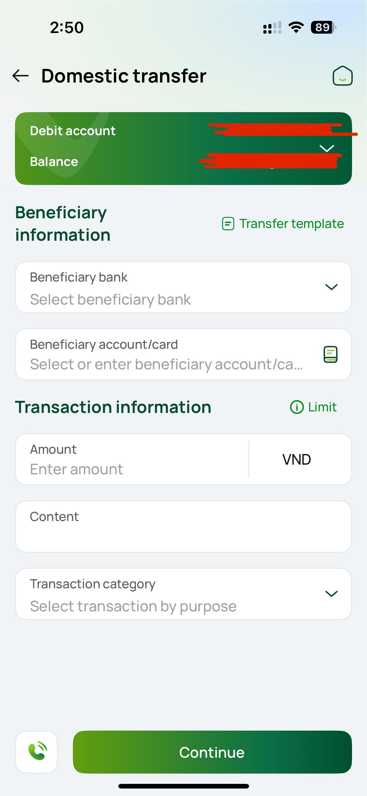 Vietcombank mobile banking app interface showing English-language dashboard with account balance and transfer options